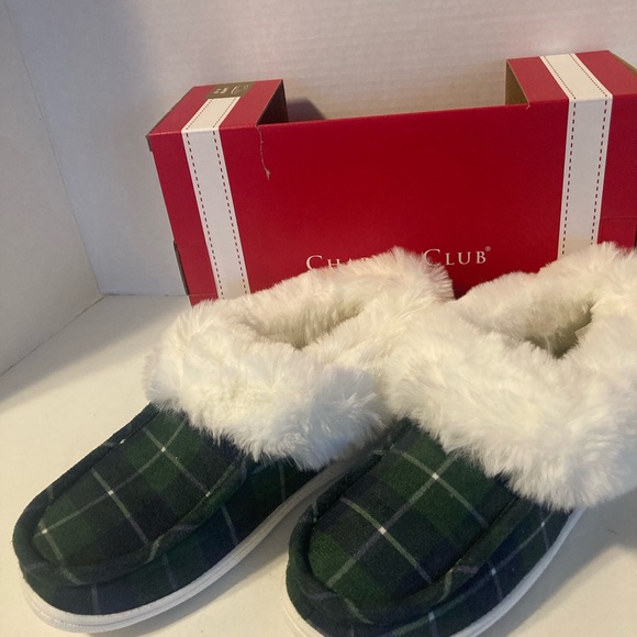 Charter Club Tartan Plaid Green Slippers with Faux Fur Lining - Picture 3 of 5